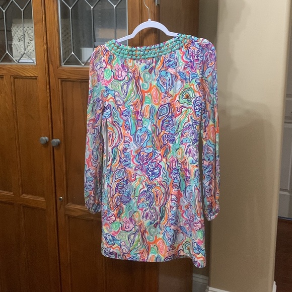 LILLY PULITZER | Embellished Seamus Print Silk Shift Dress Long Sleeve Women’s 0 - Picture 5 of 5